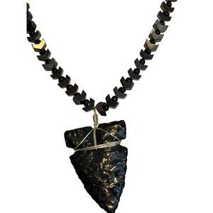 Vtg Obsidian Arrowhead Necklace Hematite Black Beads Chevron Chain Arrows Estate
